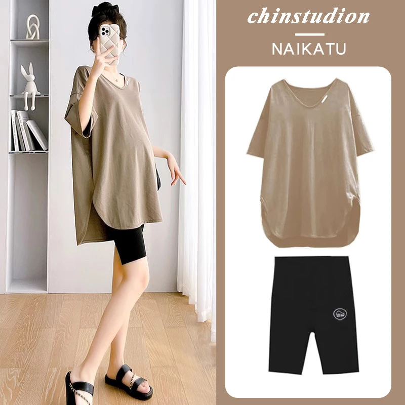 孕妇夏装短袖v领t恤上衣时尚套装夏季小个子宽松大尺码遮肚子衣服