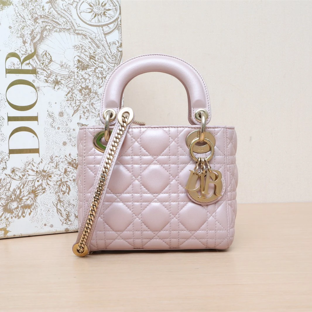 95新 DIOR/迪奥 【小花黑黑】戴妃包 三格 珠光粉 金扣 2017