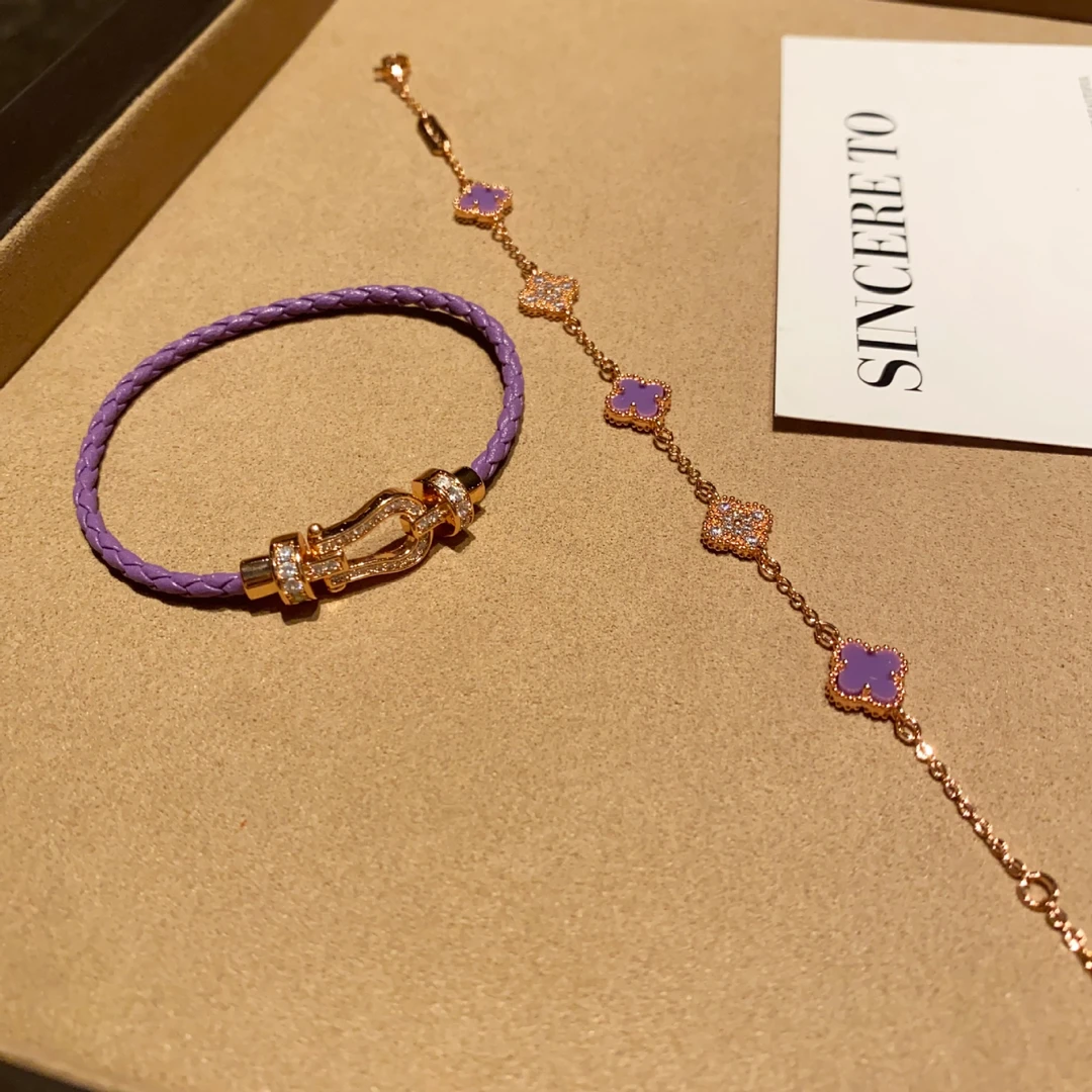 铜合金合成锆石手链 精工CNC紫色轻奢四叶草/马蹄口磁吸手绳轻奢