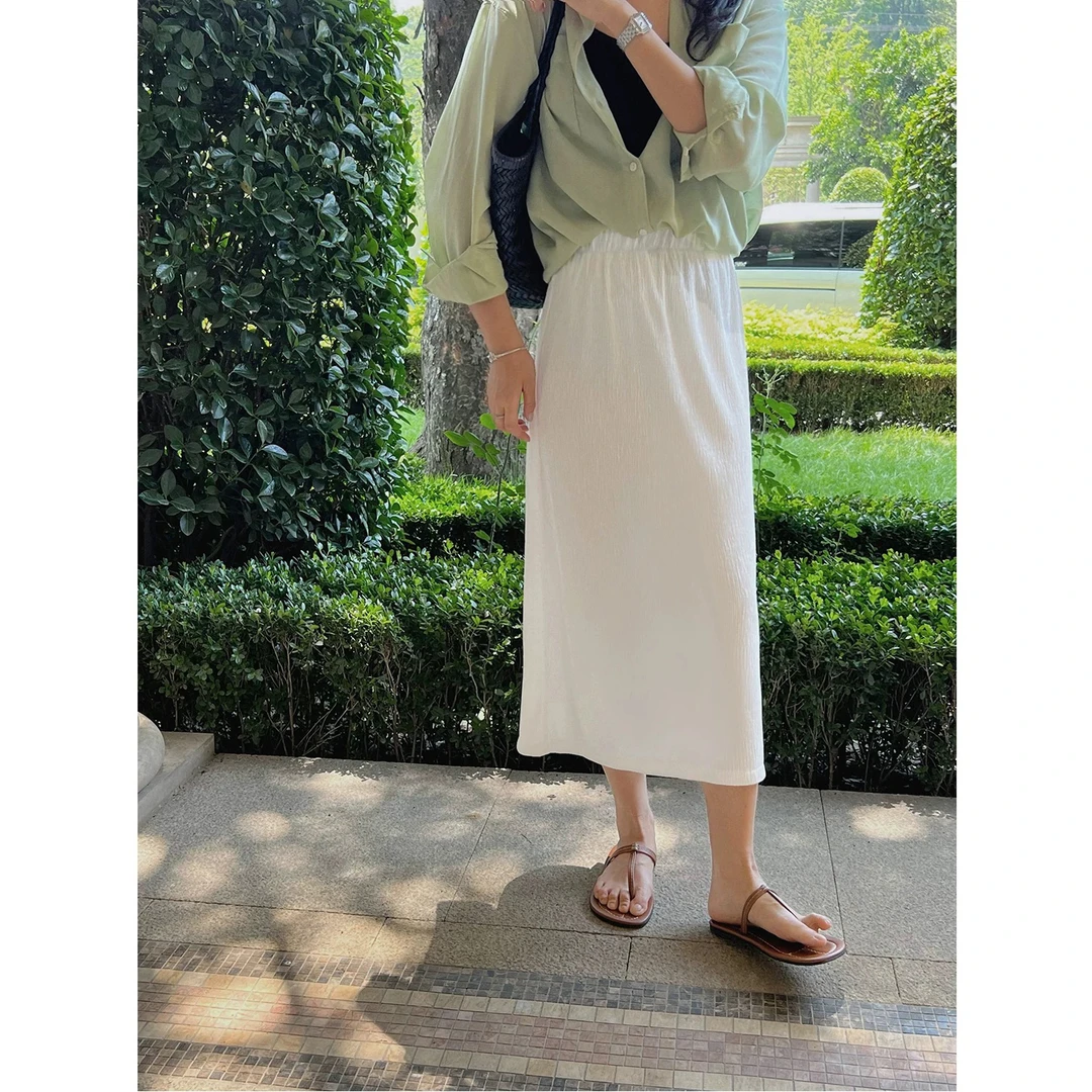 Syoo 显瘦天花板 褶皱肌理感高腰中长款半身裙简约百搭裙子女夏