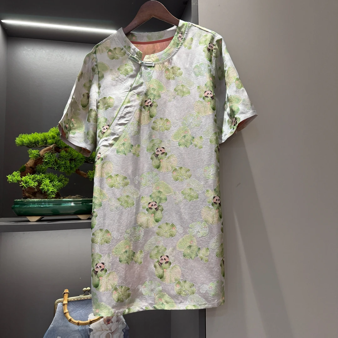 中式上衣复古斜襟盘扣传统改良熊猫夏季宽松气质中长款上衣5256