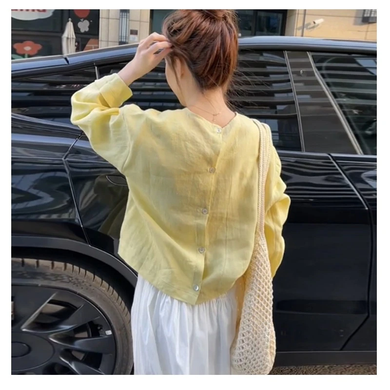 法式黄色长袖休闲衬衫女早春2025新款后背单排扣高级感慵懒风上衣