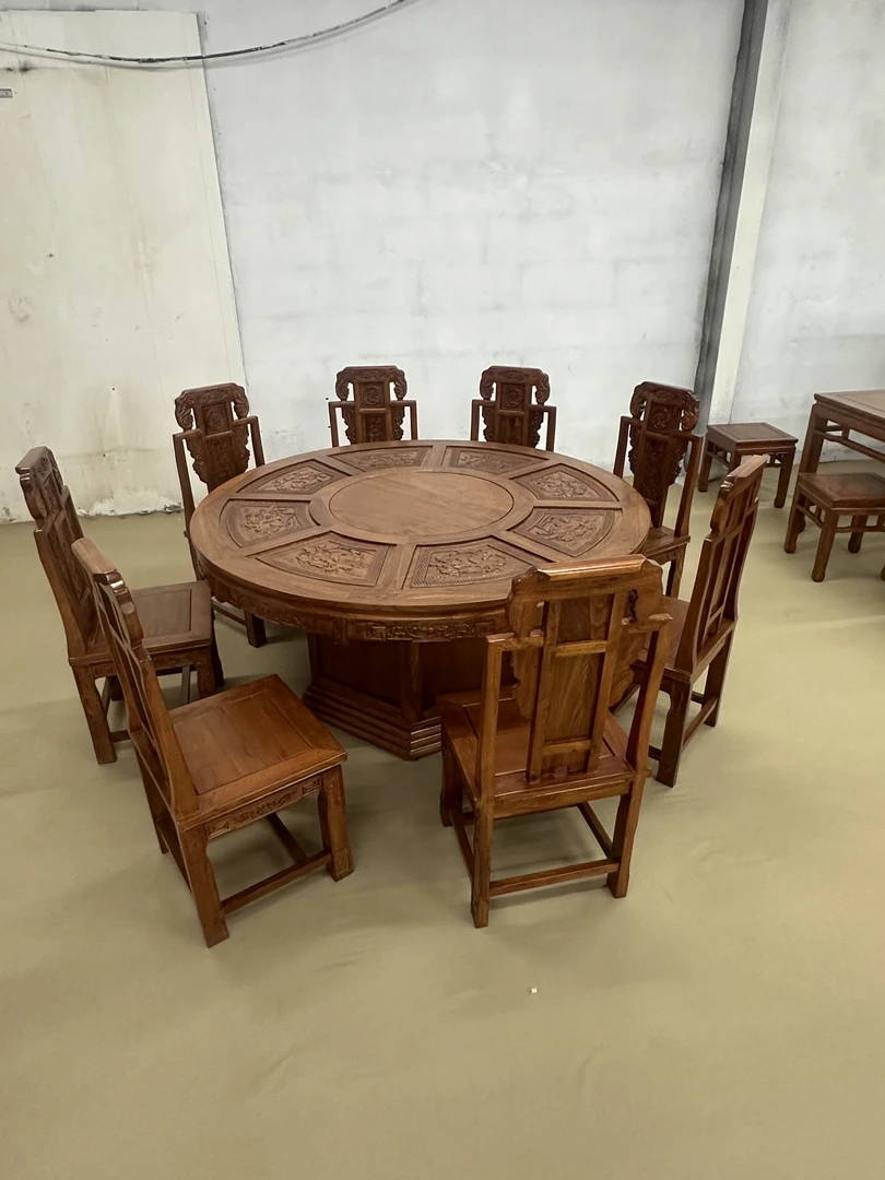 实木圆餐桌中式圆桌小户型家用吃饭桌子老榆木圆形仿古餐桌椅组合
