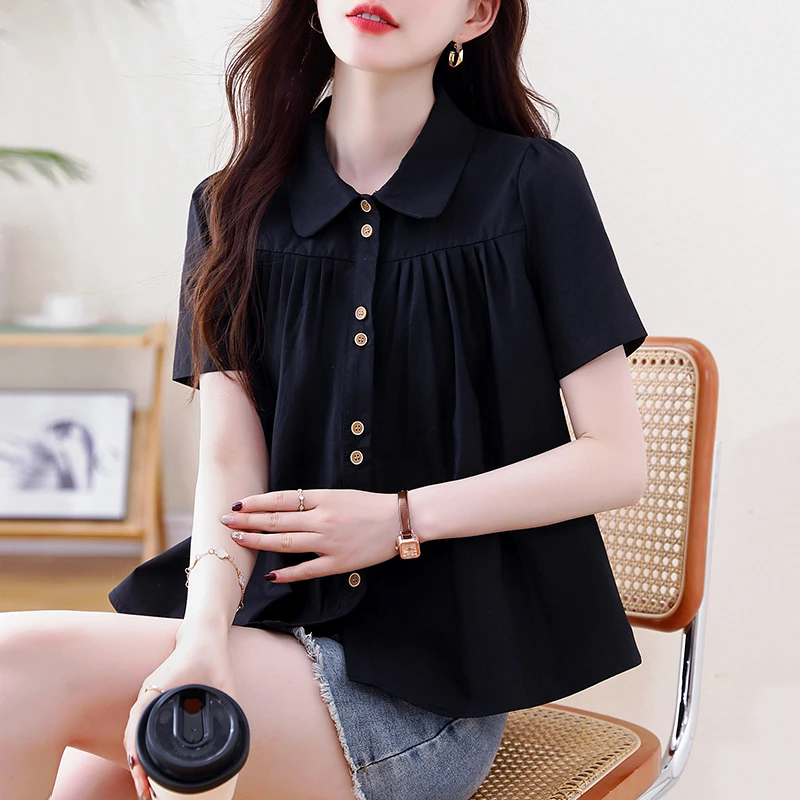 法式娃娃领黑色短袖衬衫女夏季新款遮肚显瘦polo衫百搭上衣