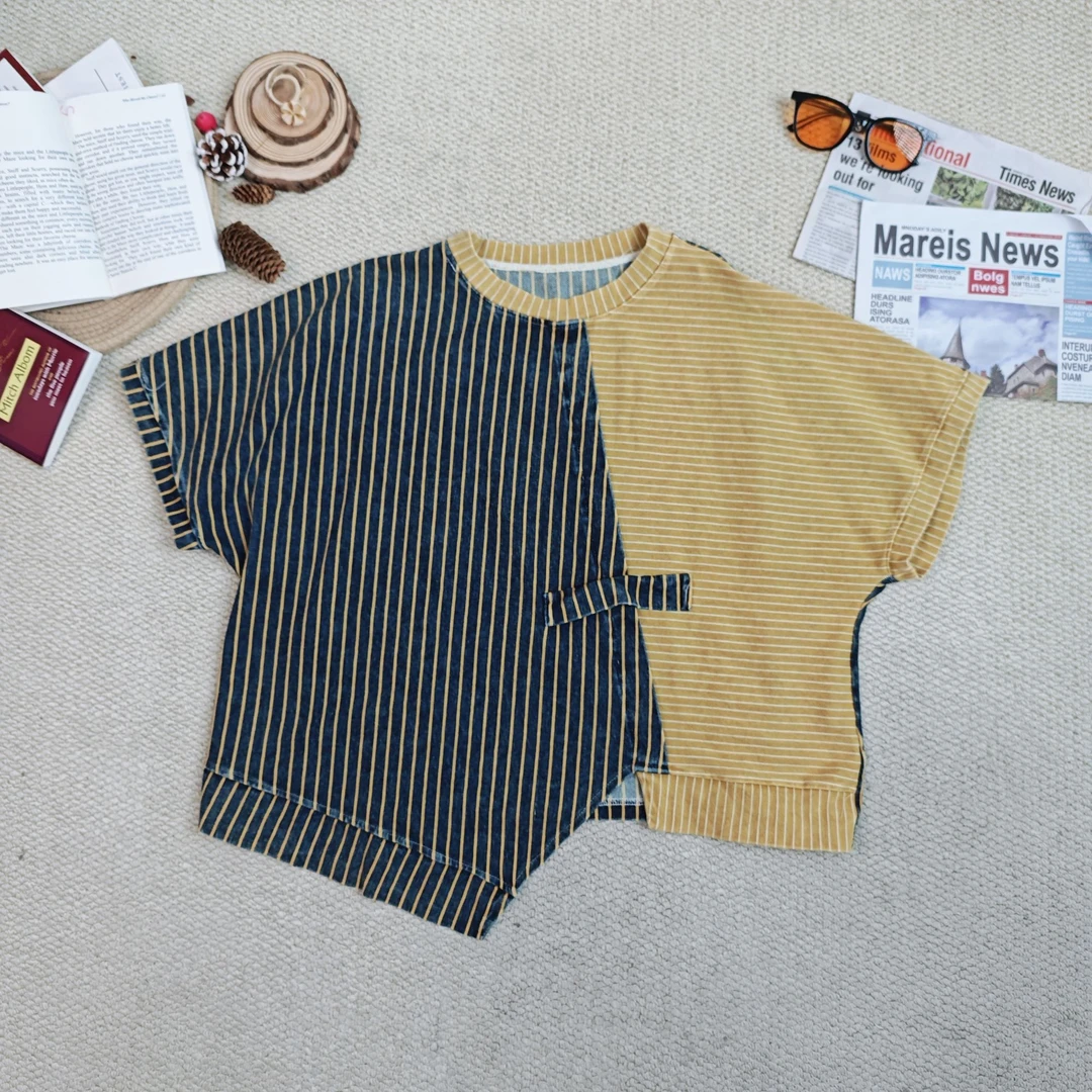 2025春季新款宽松百搭时尚条纹拼色短袖T恤9748