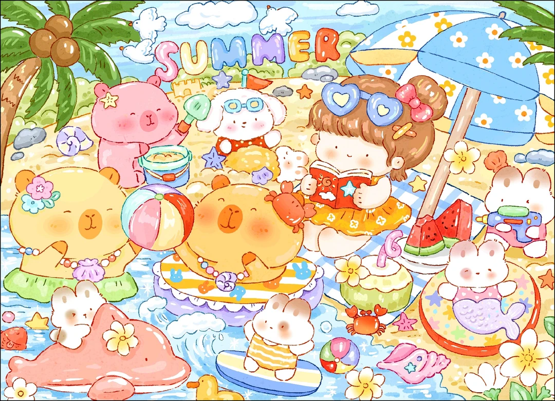 新疆长绒棉布，夏日沙滩派对100*75大格十字绣（精准印花