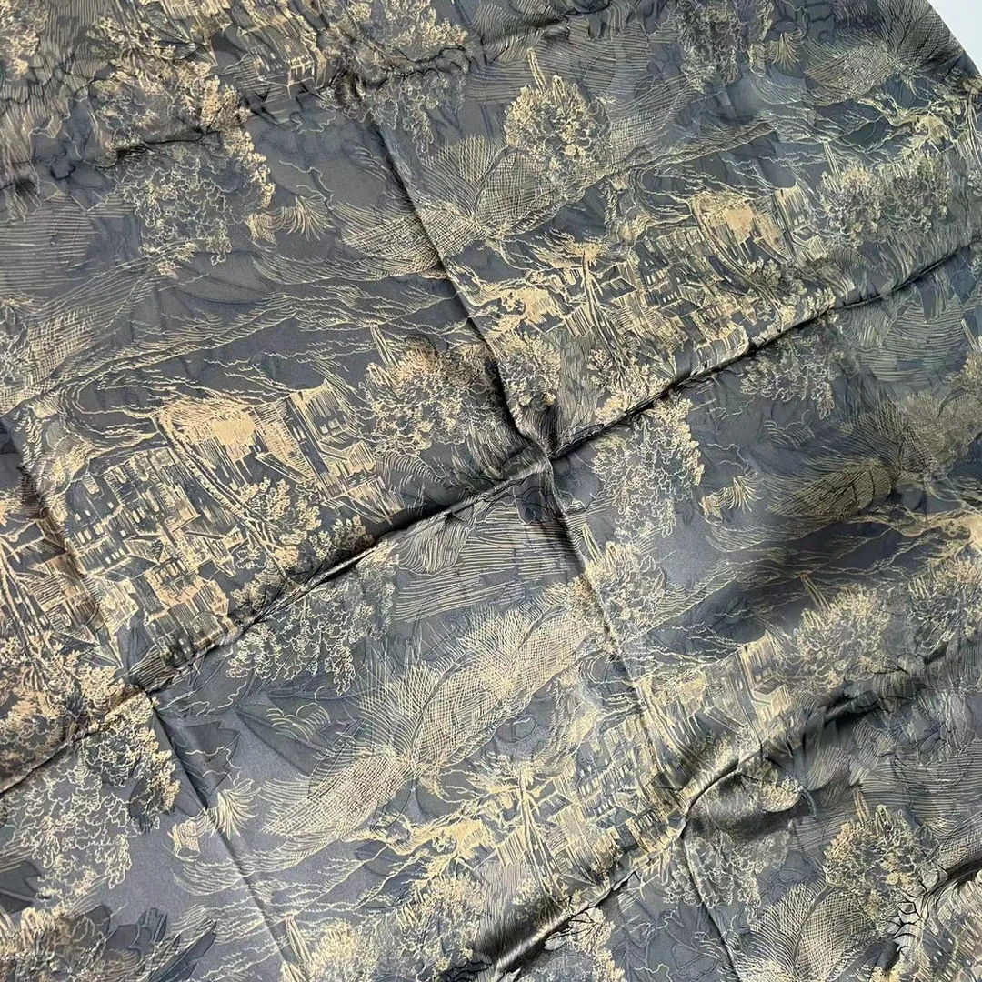 110香云纱方巾-山水古镇  湖丝大晶花萝105cm丝巾