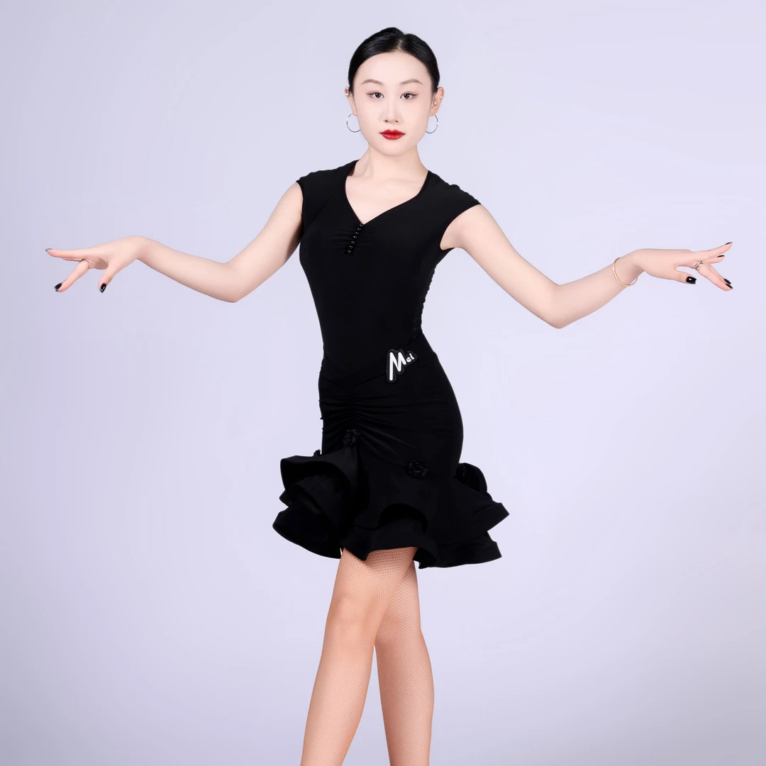 Mei舞M50042珍珠花朵鱼骨大摆裙纯欲风夏季女拉丁舞服网红性感