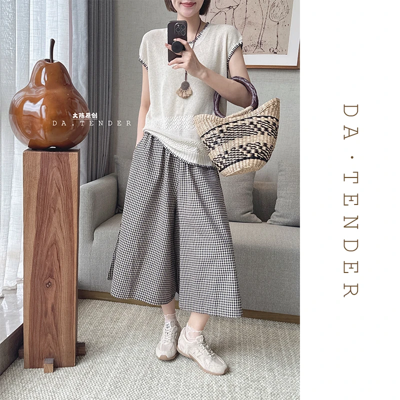 DA·Tender【格间漫语七分阔腿裤】夏季薄款时尚宽松格子