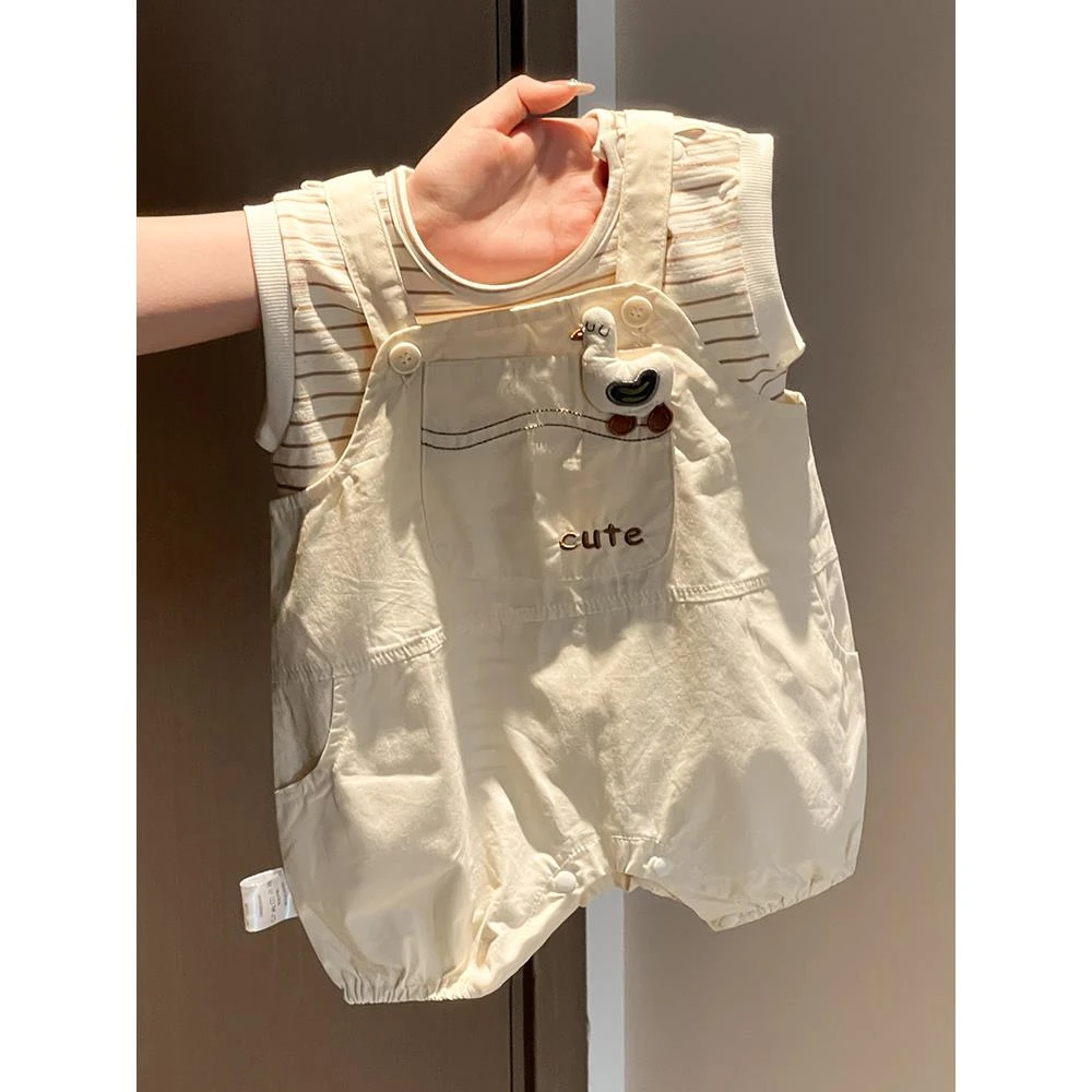 卡通婴儿女薄款套装休闲条纹外穿夏季学生连体衣中性洋气宽松日系