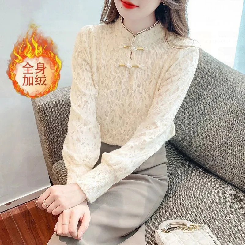 加厚秋冬时尚修身国风蕾丝打底衫女新款植绒加绒保暖修身上衣女