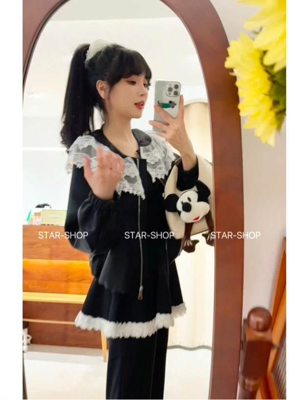 ｛小幸运｝春 蕾丝边 休闲洋气皮衣外套