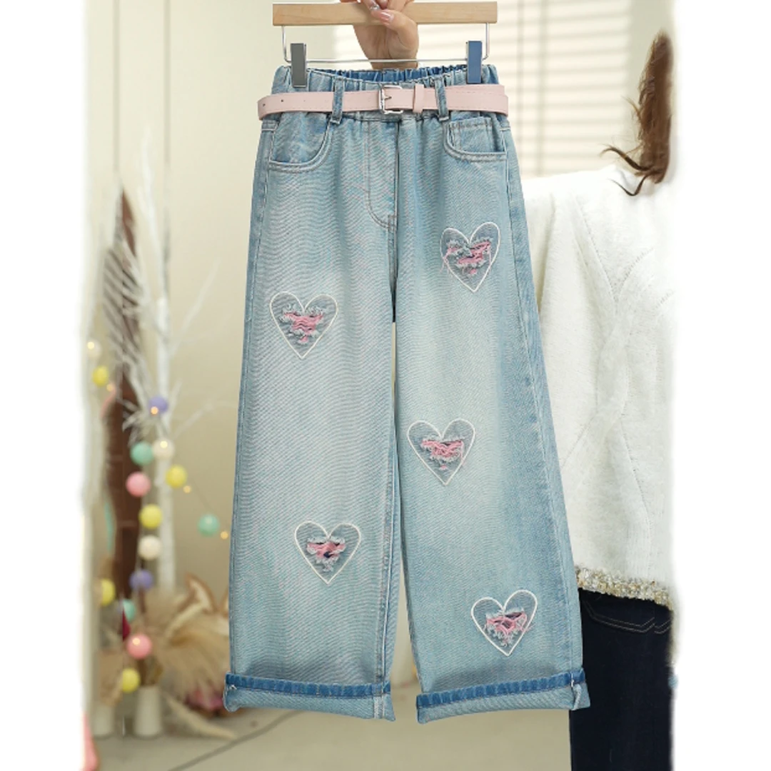 【17号】女童牛仔裤2春秋新款儿童高腰直筒休闲夏季复古宽松绣花