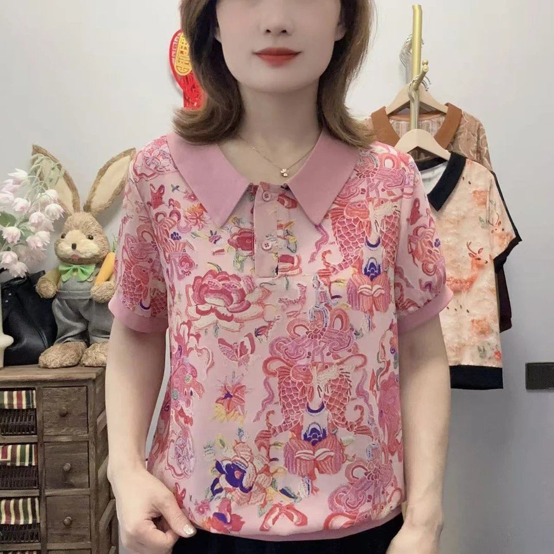 【丽姐家】夏季新款妈妈装短袖时尚洋气翻领女士休闲百搭显瘦上衣