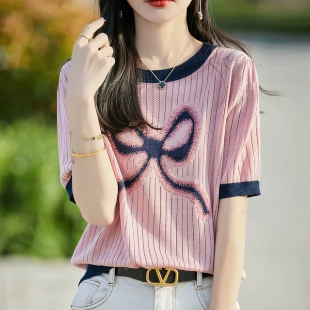 短袖t恤女2025新款特蝴蝶结大码女装夏季薄款宽松冰丝针织衫上衣