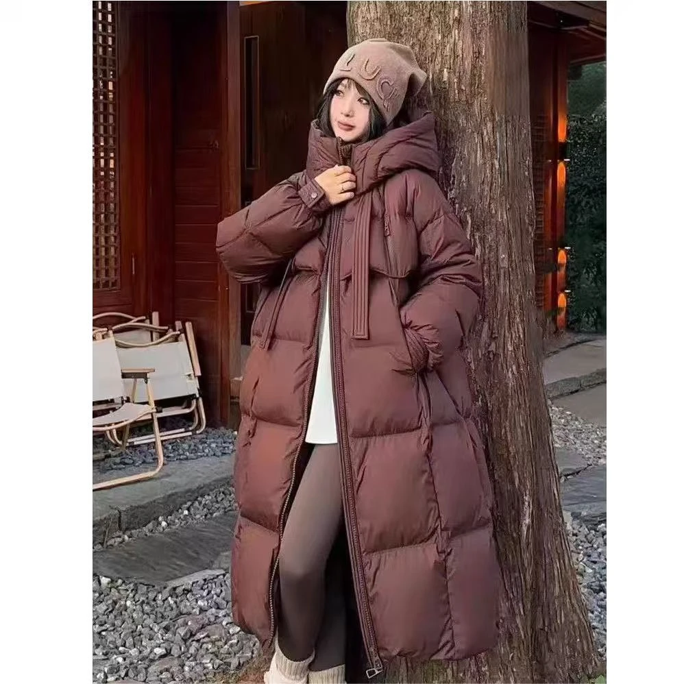 【胖宝推荐】宽松连帽羽绒服女士长款韩版高级感飘带面包服538-2