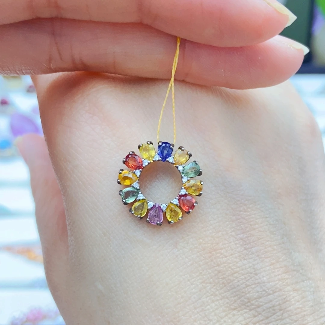 吊坠(赠链)彩色蓝宝石银S925镶嵌