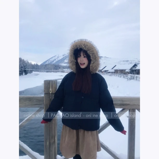 【咕噜泡泡】美式大毛领连帽棉服外套女冬季加厚面包服休闲棉衣棉袄