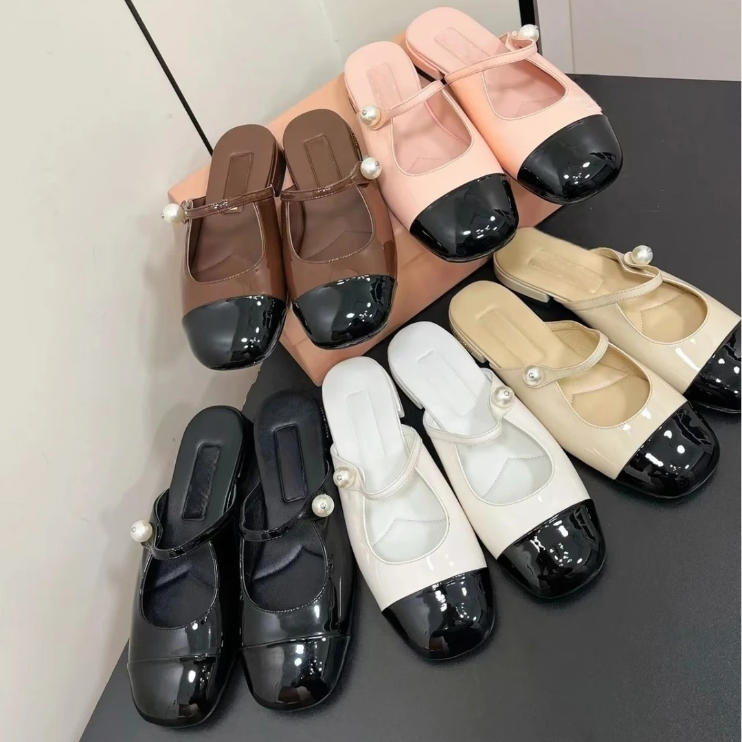 miumiu家同款度假拼接方圆头珍珠一字带浅口百搭玛丽珍半拖女春夏