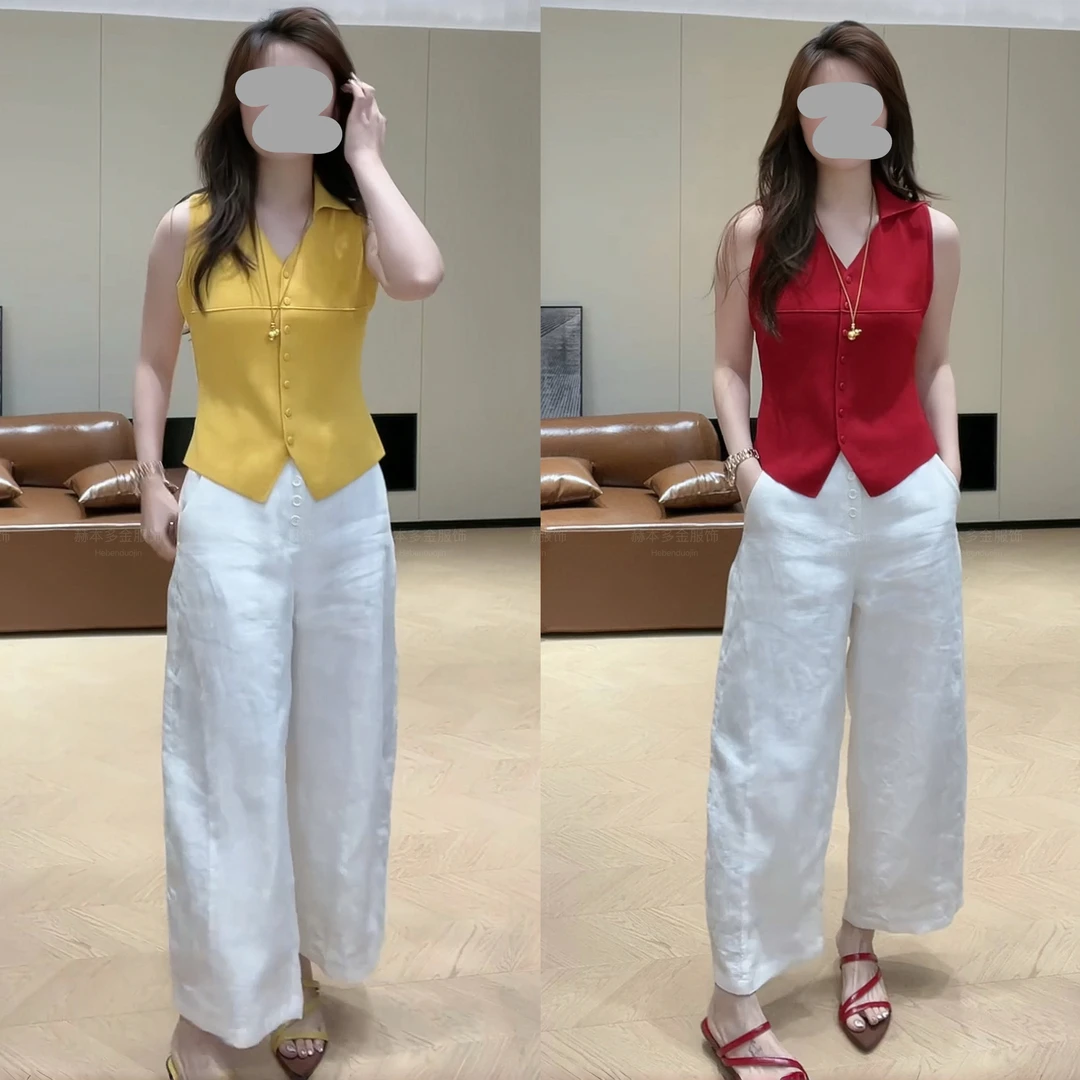 夏季新款POLO领无袖修身显瘦针织上衣时尚设计感百搭阔腿裤套装女