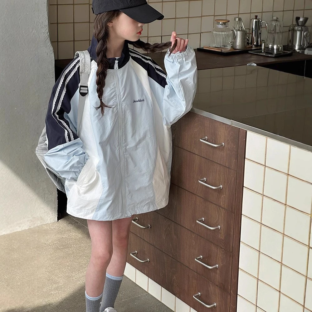 女童休闲外套2025春装新款中大童拼色运动服百搭拉链上衣立领夹克