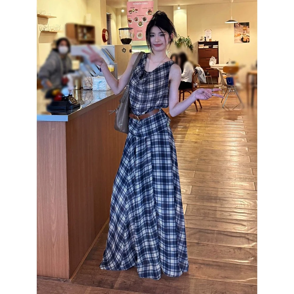 官图 韩系复古字母印花T恤2025夏季高腰格子半身裙套装