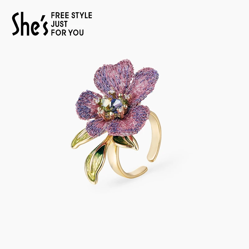 铜合金布艺戒指 shes卢梭假日精致刺绣花朵戒指指环小众设计