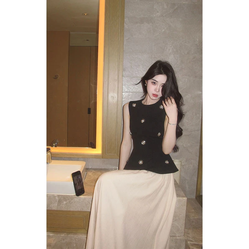 夜影花语无袖黑色背心女春夏新款修身气质收腰半裙时尚套装两件套