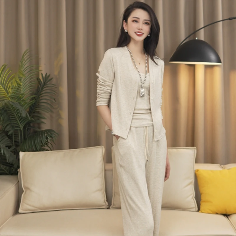 糯米三件套时尚简约长袖开衫休闲显瘦气质阔腿休闲套装