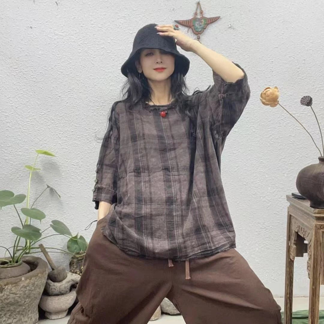 8859-1格纹炒色棉麻毛边圆领大版T上衣（前69后72胸围138