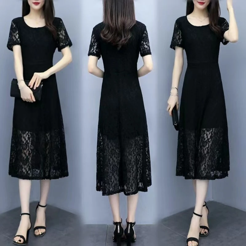 黑色蕾丝连衣裙女2025夏装新款短袖名媛气质显瘦大码女人味鱼尾裙