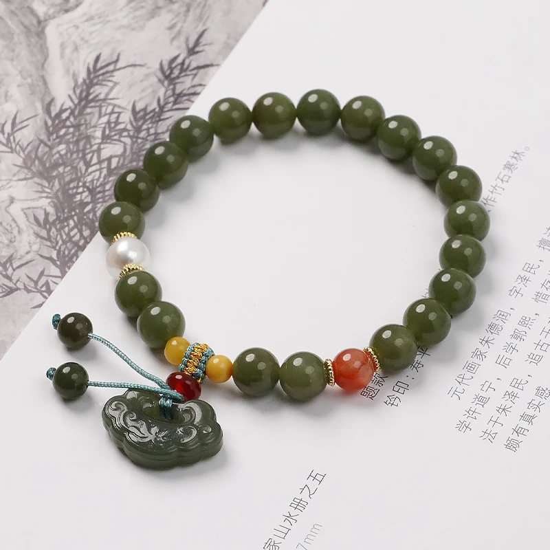 原创设计和田玉福锁南红玛瑙淡水珍珠蜜蜡女手串珠手链-8997