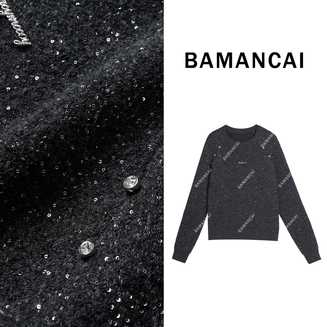 Bamancai-小众高级感亮片蝴蝶结翻领针织衫冬季软糯慵懒风毛衣