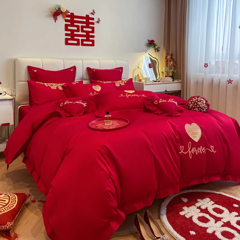 水星家纺适用优选40支纯棉结婚四件套大红婚庆新婚被套床单多件套