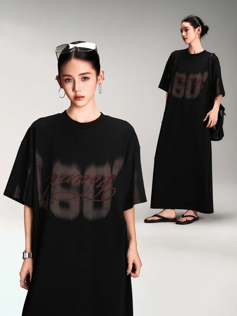 杨九七 夏季洗水短袖宽松连衣裙休闲美式印花显瘦百搭裙子女 7676