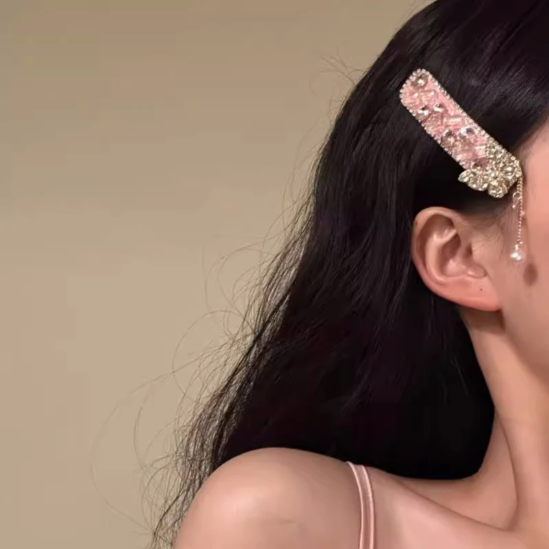 [蝶花幽舞】甜美气质粉水晶发夹蝴蝶流苏侧边bb夹发饰