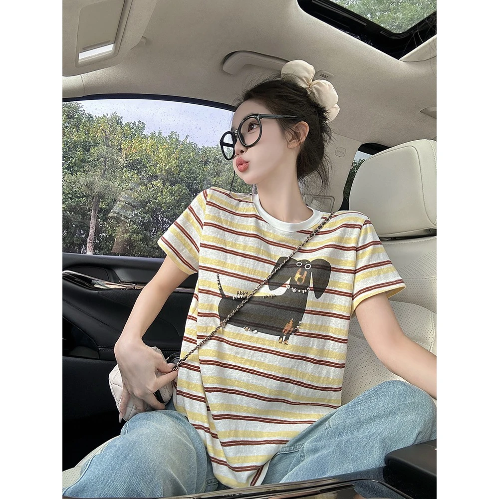 撞色条纹短袖T恤女夏季新款韩版小狗印花慵懒风宽松圆领休闲上衣