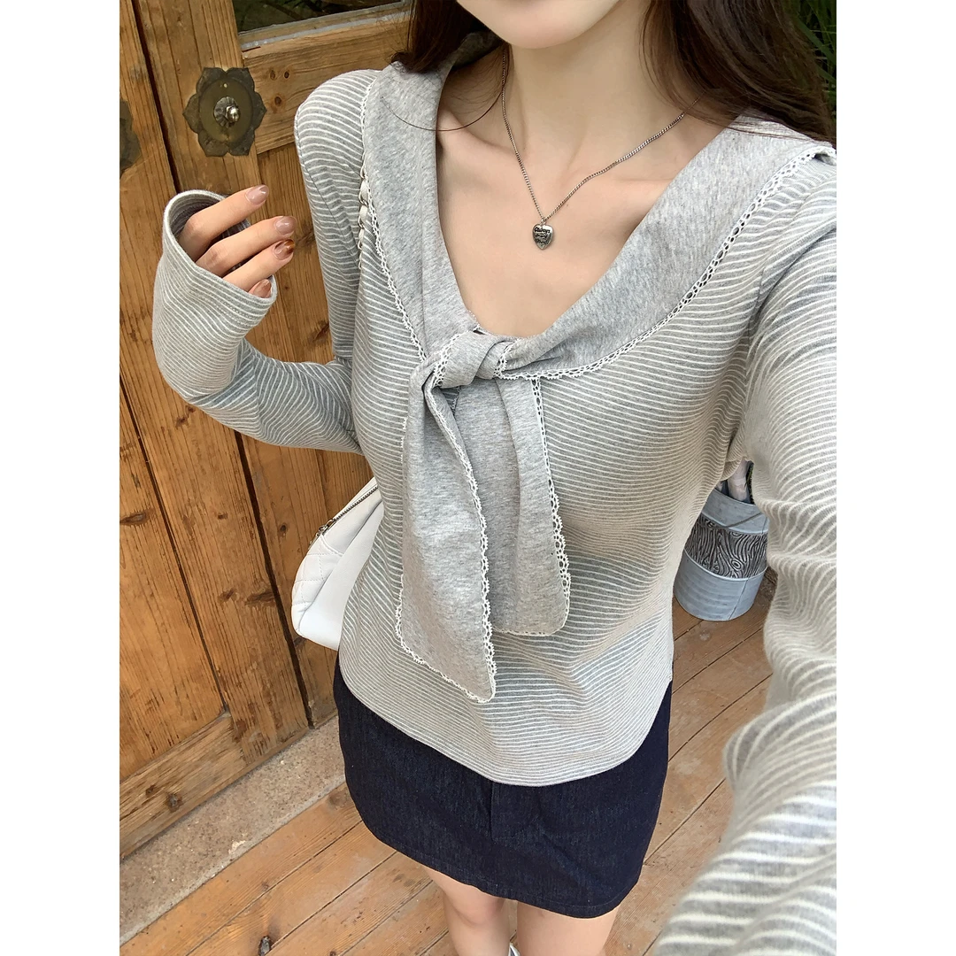 条纹蕾丝拼接蝴蝶结长袖t恤女秋季韩系穿搭修身内搭打底衫上衣潮
