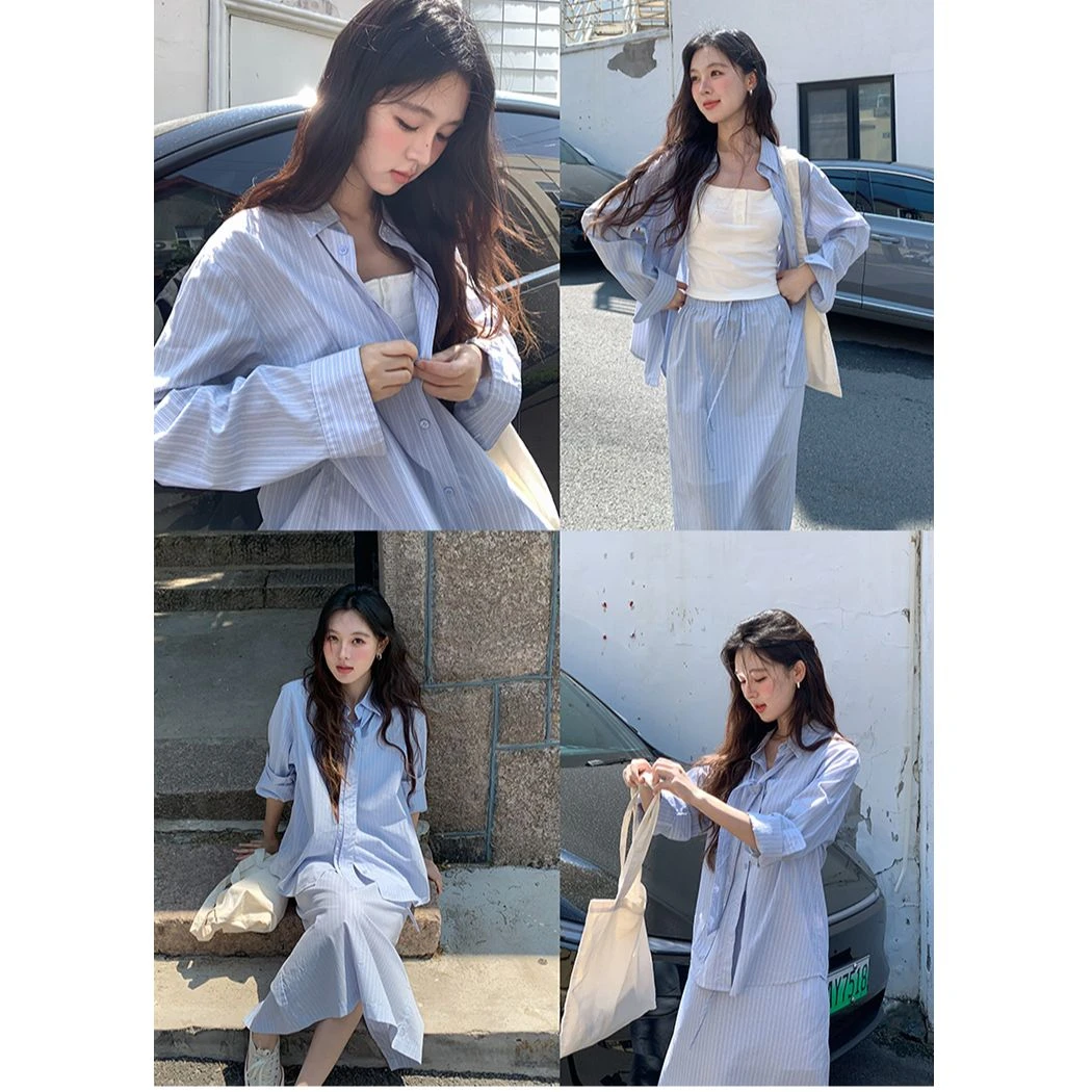 兰絮白云！得体又慵懒的韩系条纹衬衫+半裙套装DS12293+DQ12294