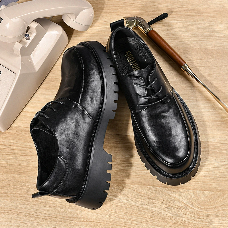 8928皮鞋男头层牛皮手抓纹商务大头德比男士休闲百搭厚底增高鞋子