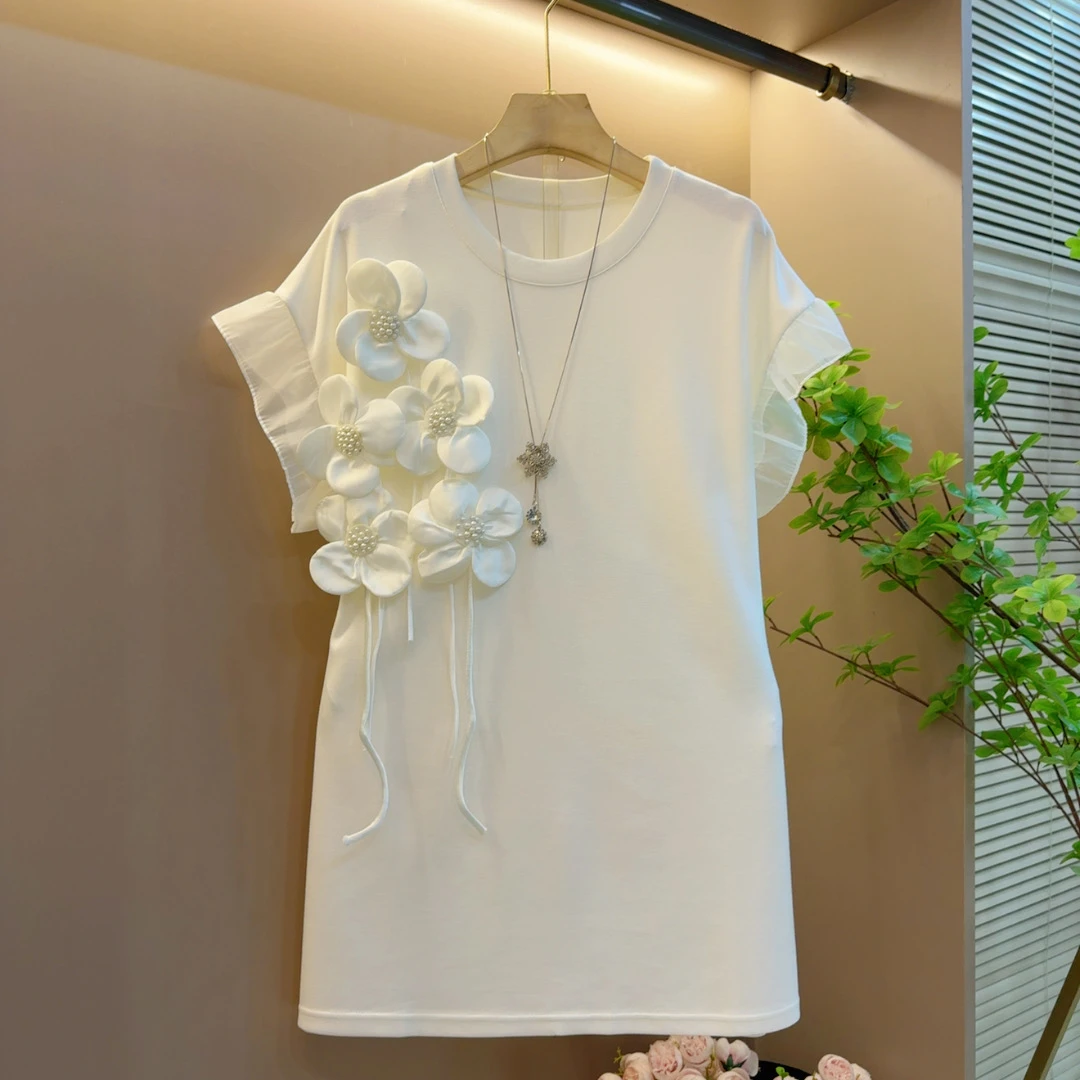 2025夏季新款圆领钉珠花朵显瘦拼接减龄短袖上衣（长80左右）