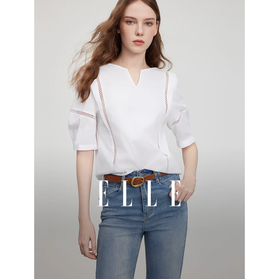 ELLE法式拼接镂空花边白衬衫女2025夏季新款优雅EM51363