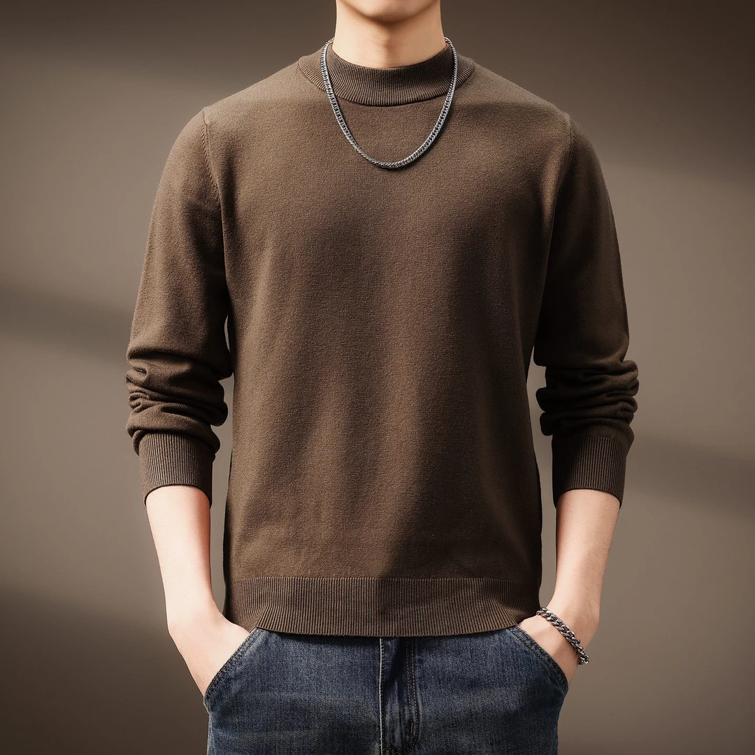 高端美式复古羊毛混纺半高领针织毛衣男士冬季保暖内搭打底衫上衣