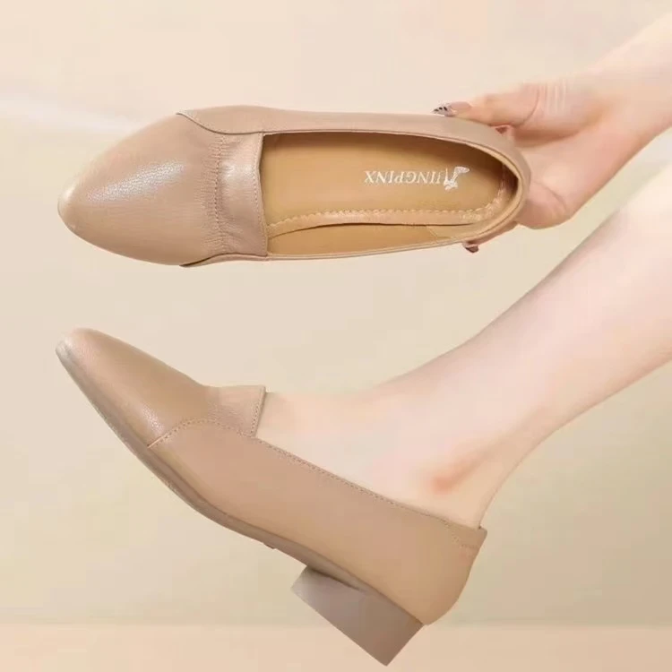 真软皮鞋女2025春季新款浅口尖头皮鞋软皮软底女鞋粗跟中跟妈妈鞋