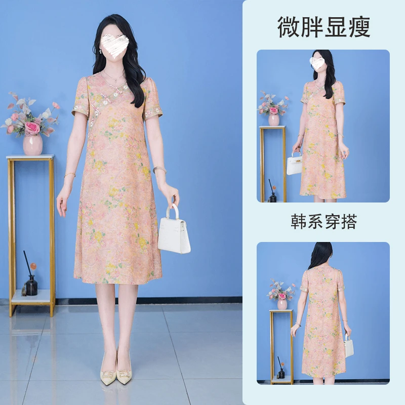 2025夏季新款大码复古时尚优雅胖MM减龄连衣裙显瘦气质长裙