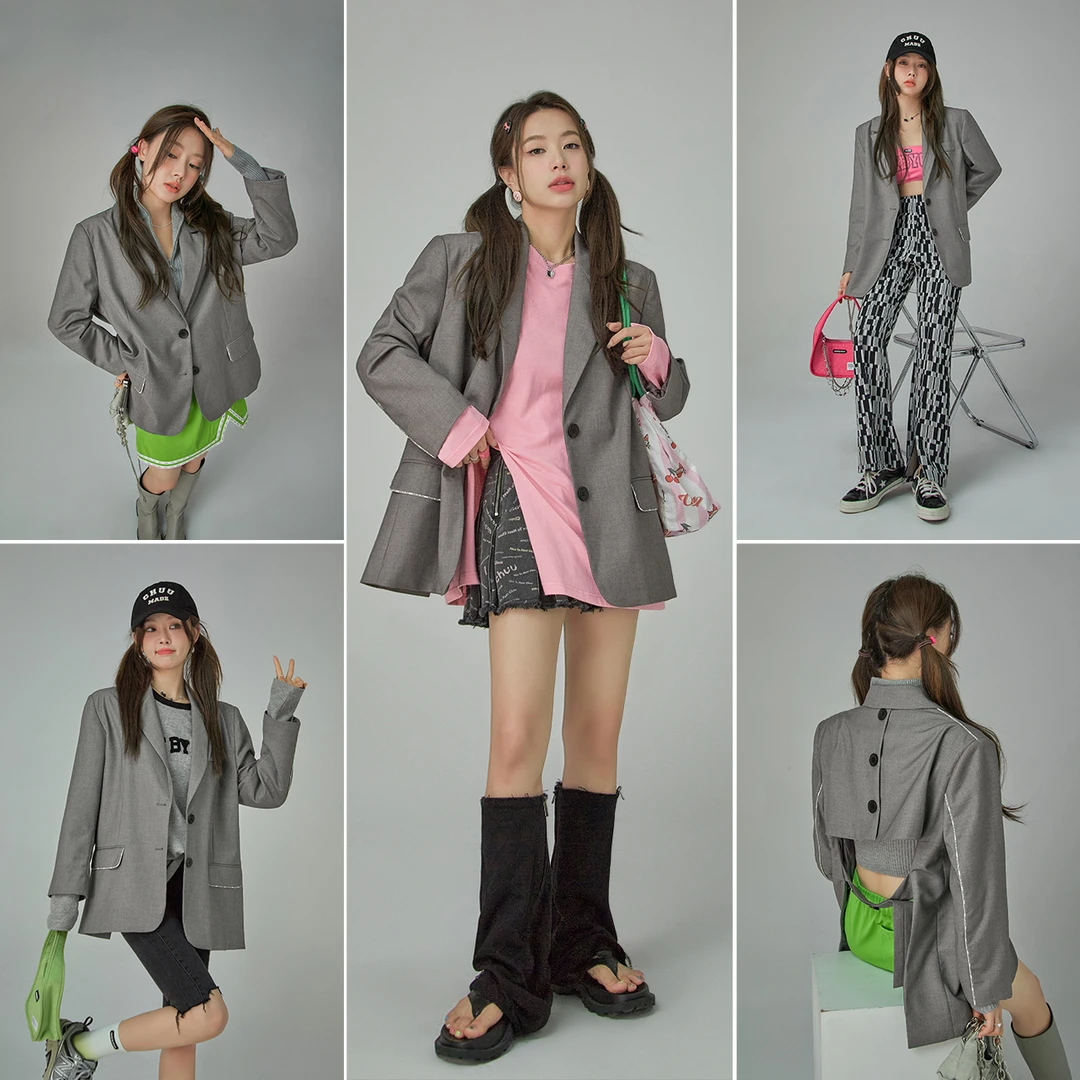 0302【金拐子专属】CHUU后背镂空长袖韩版单排扣宽松西装-F