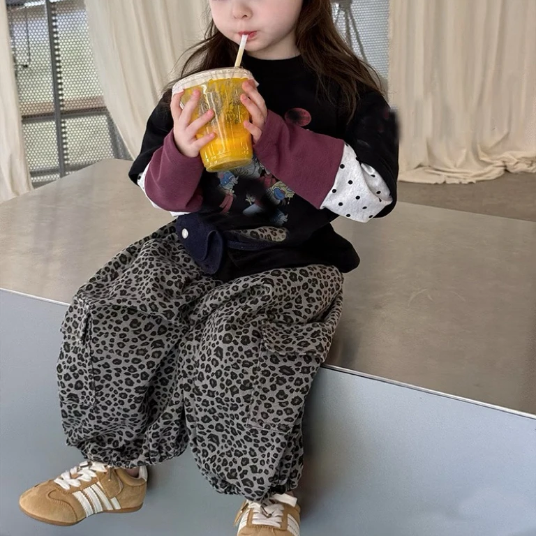 韩系订单款2025秋季新款*假两件涂鸦卫衣加豹纹裤组合/男女宝同款