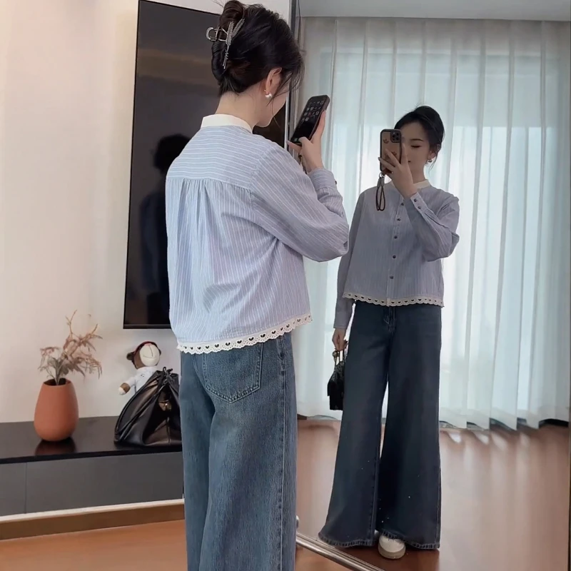 爆款超好看立领蕾丝拼接条纹衬衫女2025春季新款今年流行衬衣上衣