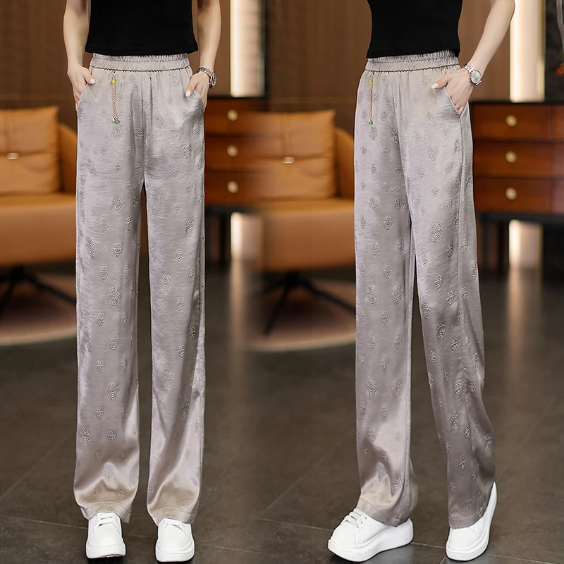 中式气质缎面阔腿裤2025夏季薄款显瘦休闲裤高腰垂坠感提花直筒裤