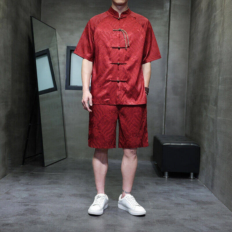 夏季新款大码百搭套装中国风男士薄款直筒提花阔腿裤休闲盘扣衬衫